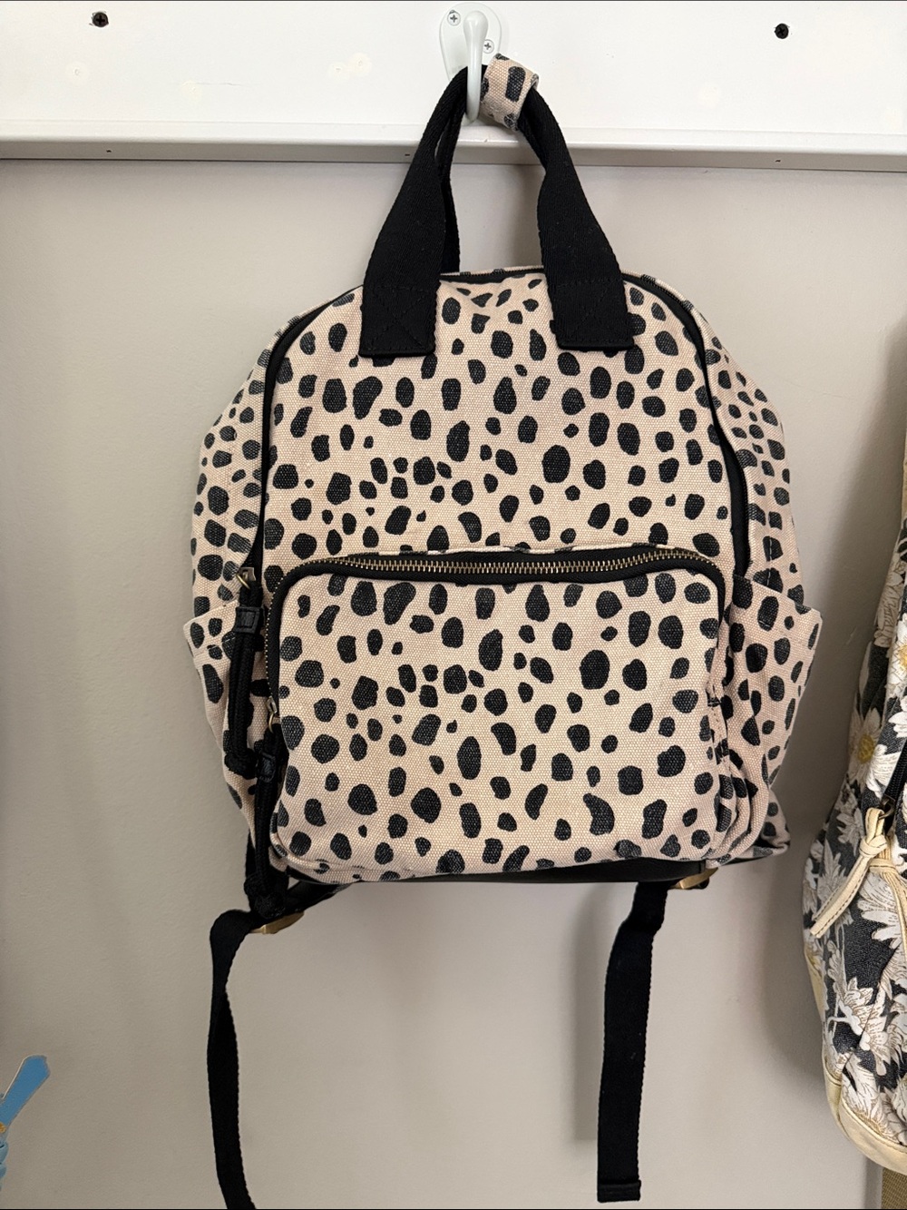 Leopard Print Small Canvas Backpack - Black and Cream
